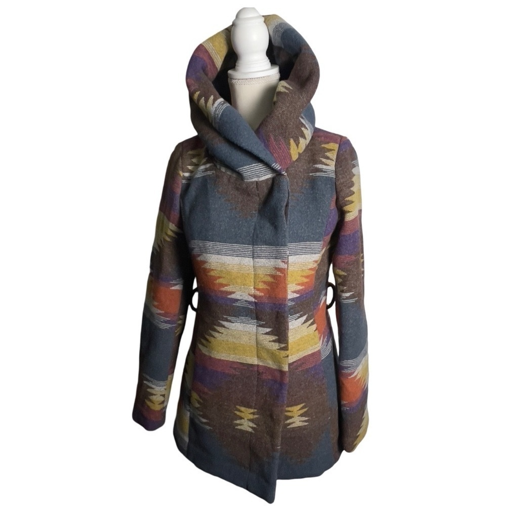 Vintage 90s Y2K Paris Blues Wool Blend Southwestern Aztec Tribal Hooded Coat - Picture 3 of 10